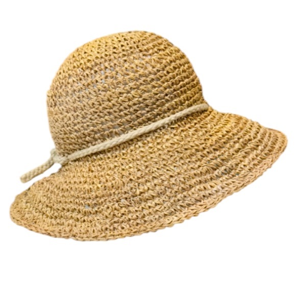 Vintage tan woven straw floppy 14” brim beach hat one size - Picture 1 of 9